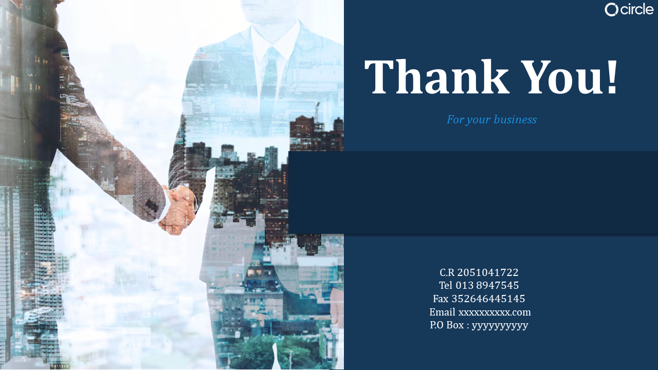 Business themed slide with a handshake overlaying a cityscape, and dark blue panels with white thank you text on the right.