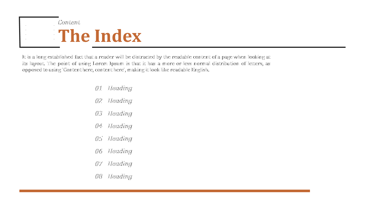 Index slide with bold orange title, content icon on top left, and a vertical list of eight numbered headings.