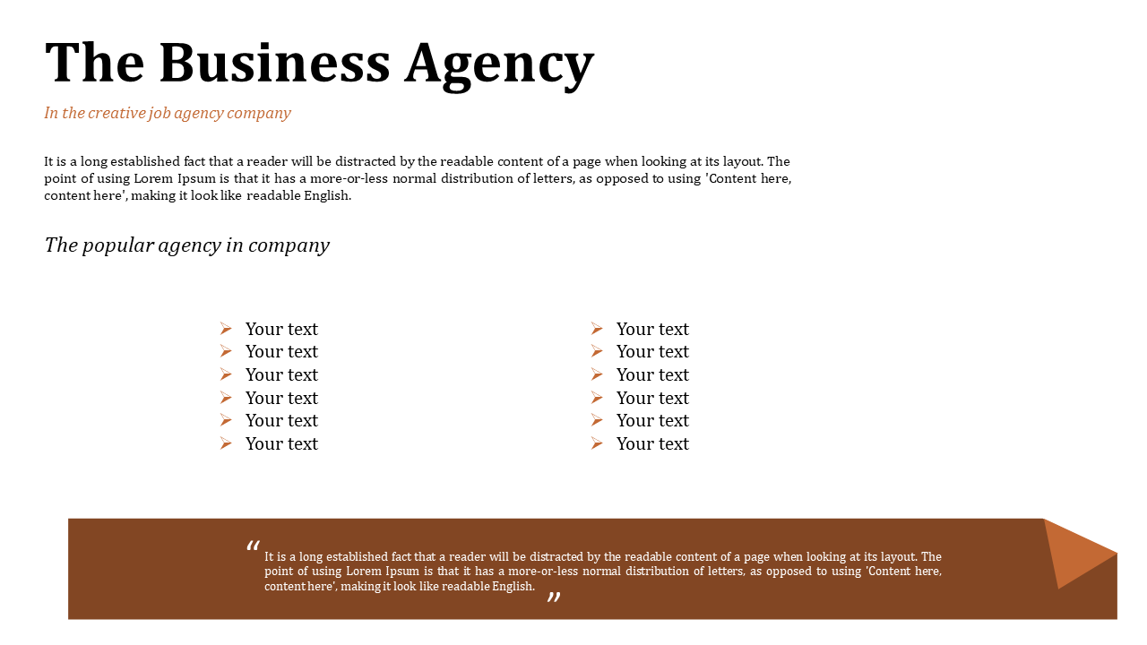 Business agency slide with orange accent text, dual columns of bulleted items, and a large brown quote box below.