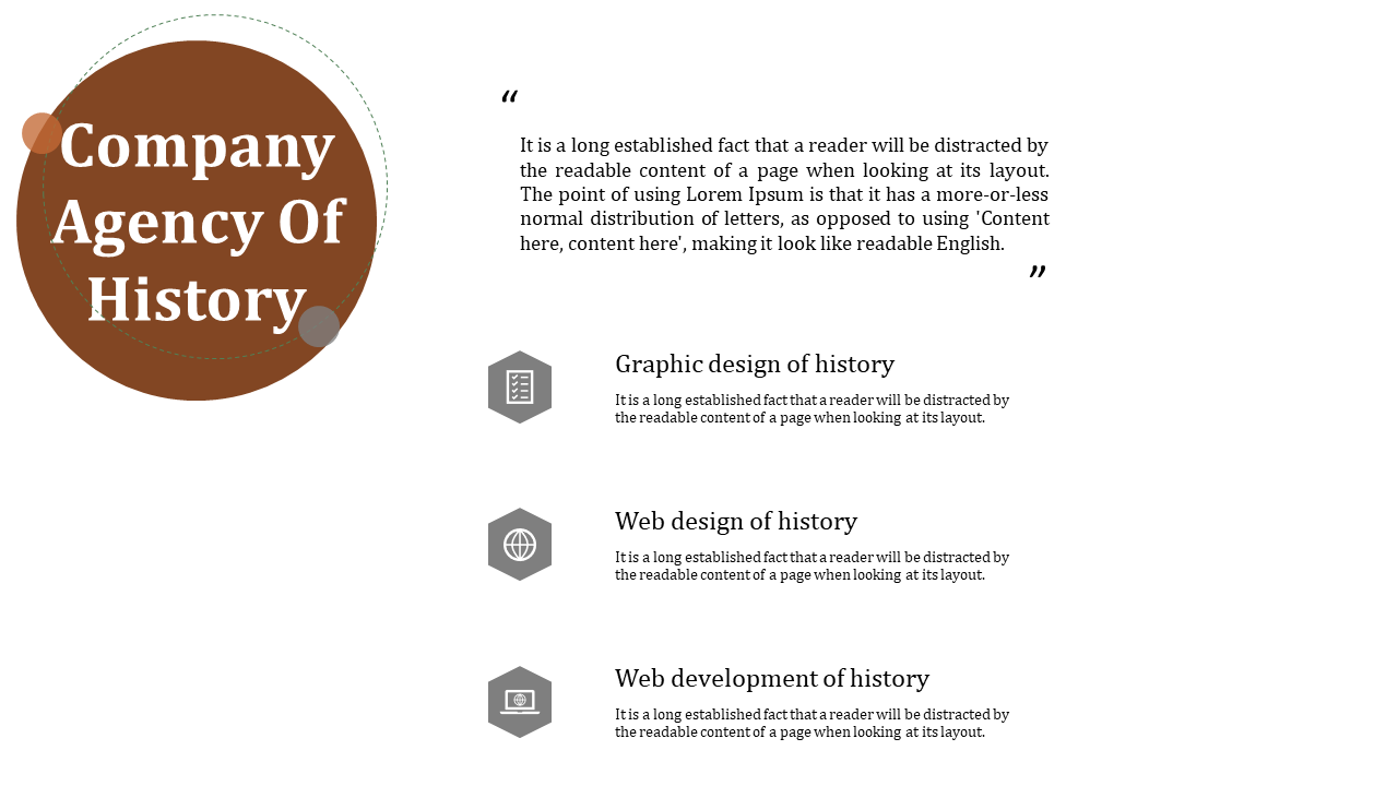Large brown circle on left with title, quote at top, and three gray hexagona icon and text sections below.