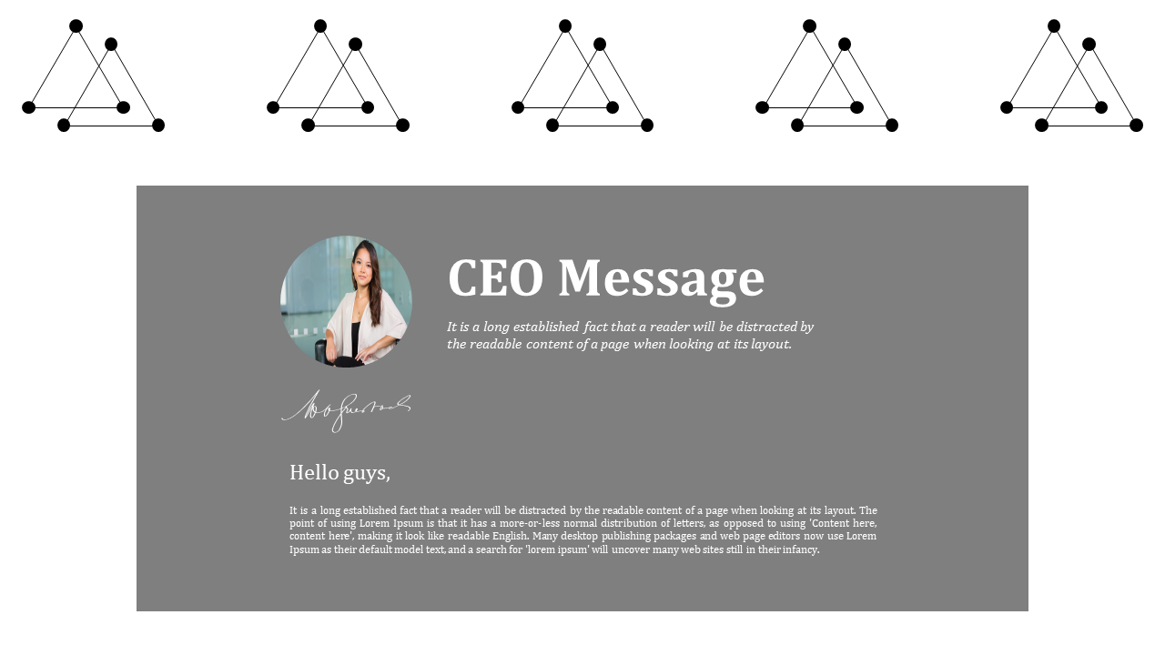 Dark gray message box includes circular CEO photo, quote, and signature, topped by a row of dotted triangle graphics.