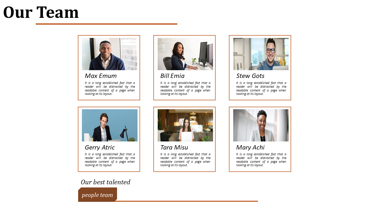 Grid of six framed team member photos with names and short bios, under a bold header and a brown footer tag.