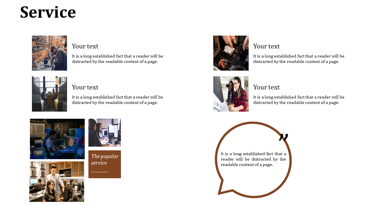 Grid of six service images with text on both sides, plus a brown square tag and a large quote bubble at the bottom.
