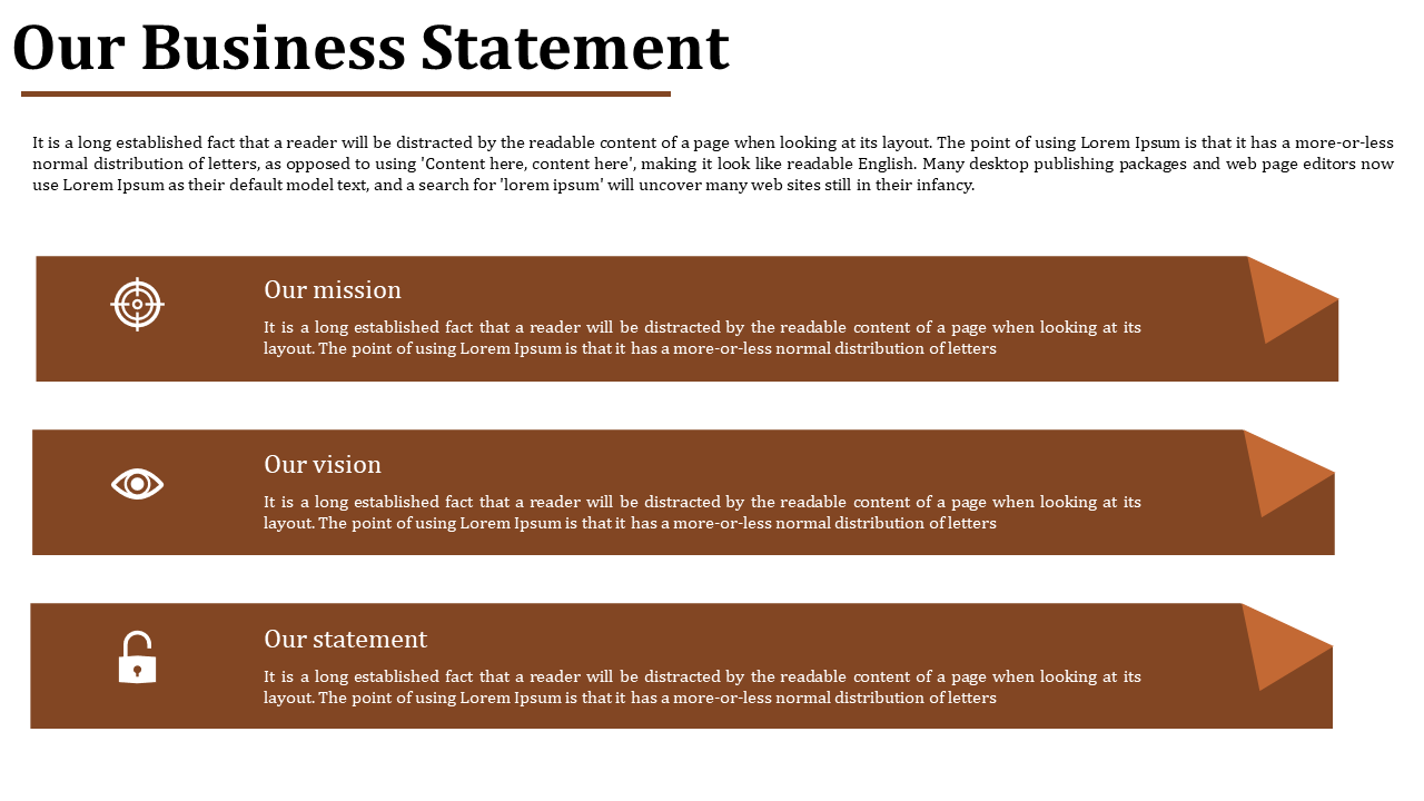 Business slide with bold heading, followed by three brown horizontal boxes for mission, vision, and statement with icons.