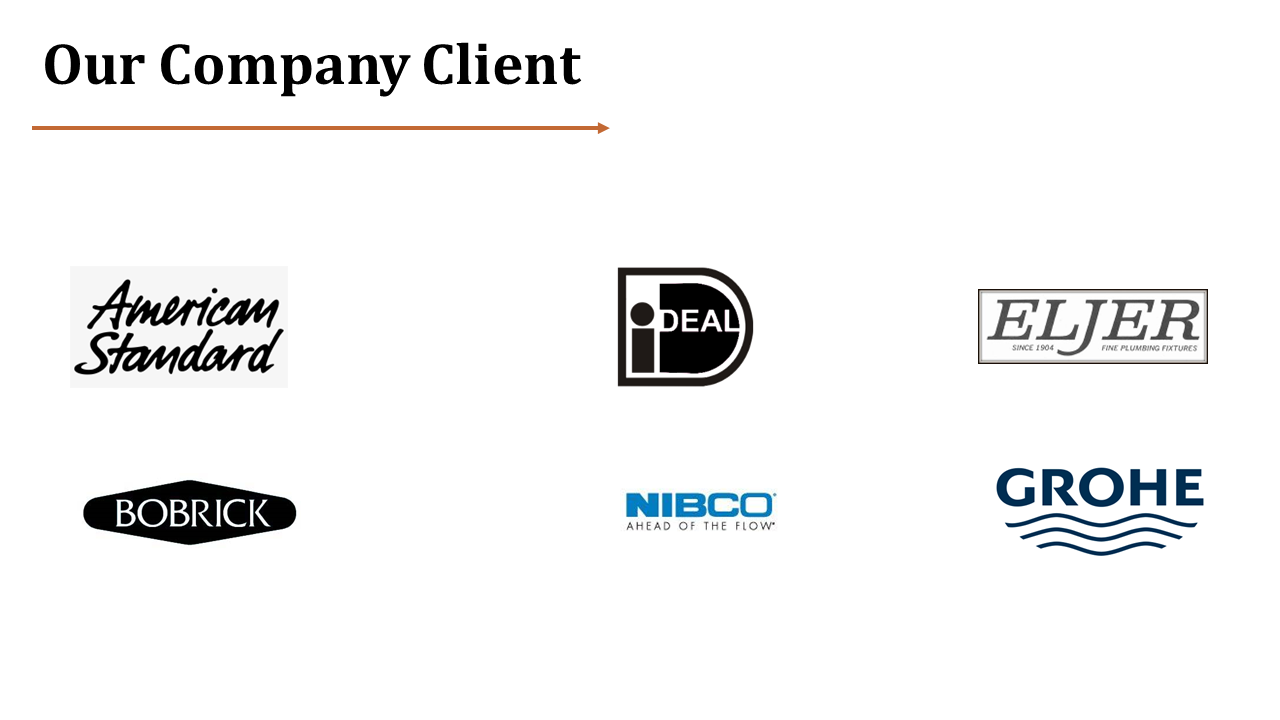Slide featuring six client logos in two rows beneath a bold black title and an orange arrow divider.