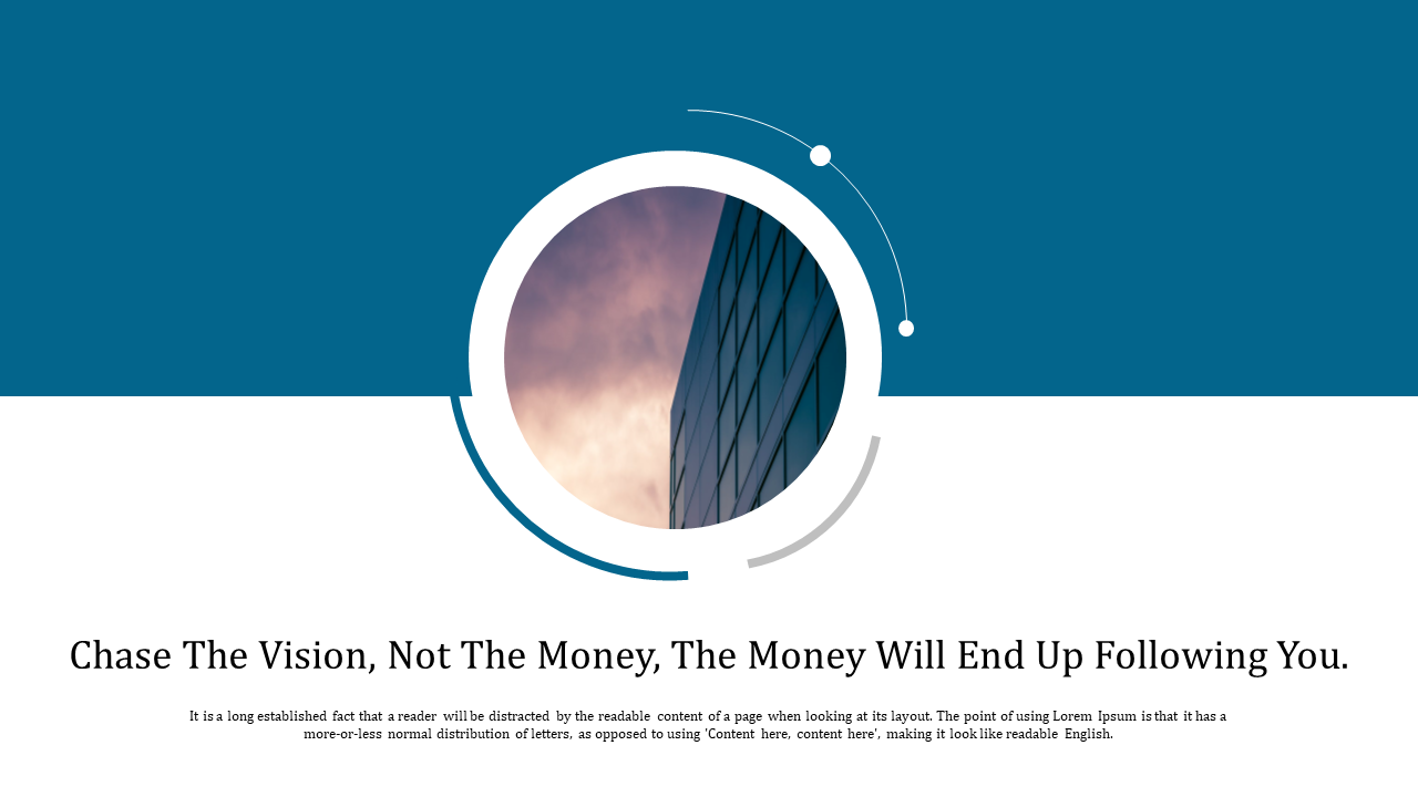 Circular building photo framed by arcs, set against a split blue and white background with centered quote at bottom.