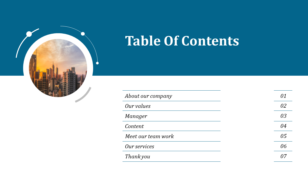 Blue and white layout with circular city image and a content list aligned with underlines and page numbers.