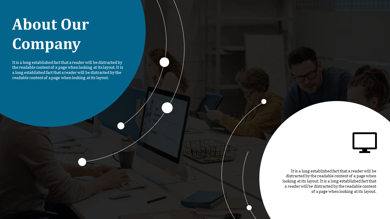 Slide features curved paths linking two bold circles in blue an white, over a dimmed office background with working team.