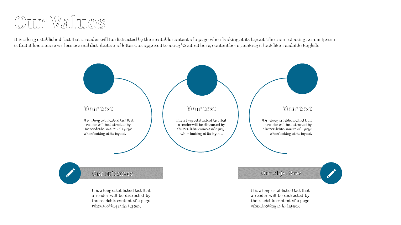 Three outlined circles connected to blue solid dots at top, and two gray text blocks below, on a white backdrop.
