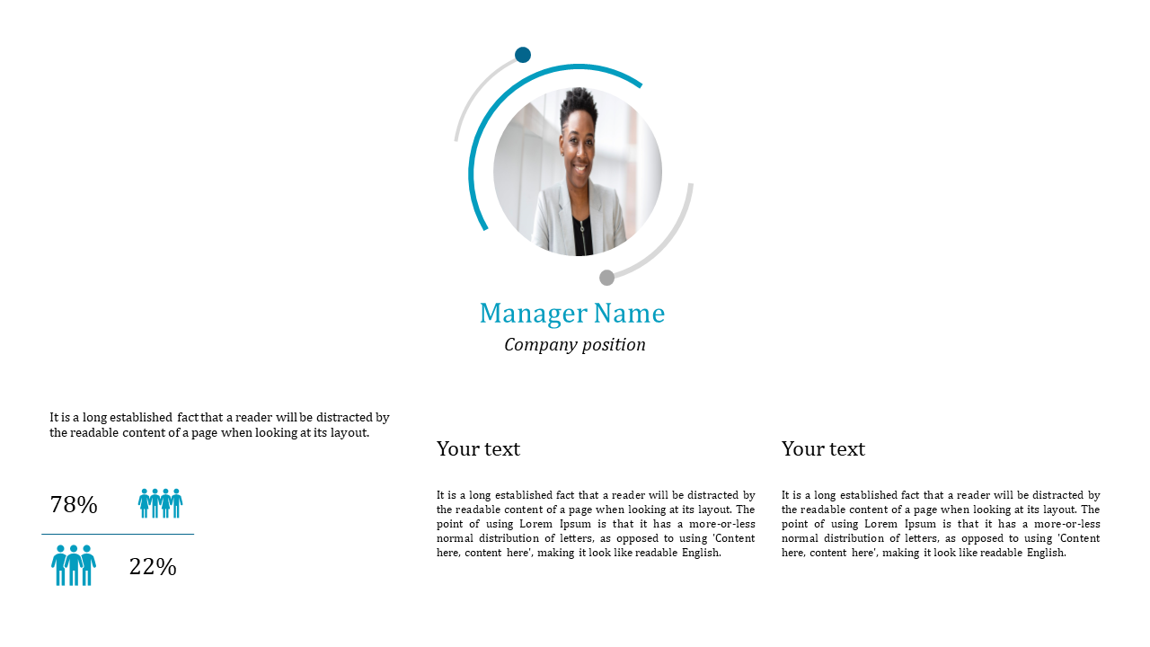 Profile slide with round image, featuring decorative arcs, teal percentage icons, and two text sections on the bottom.