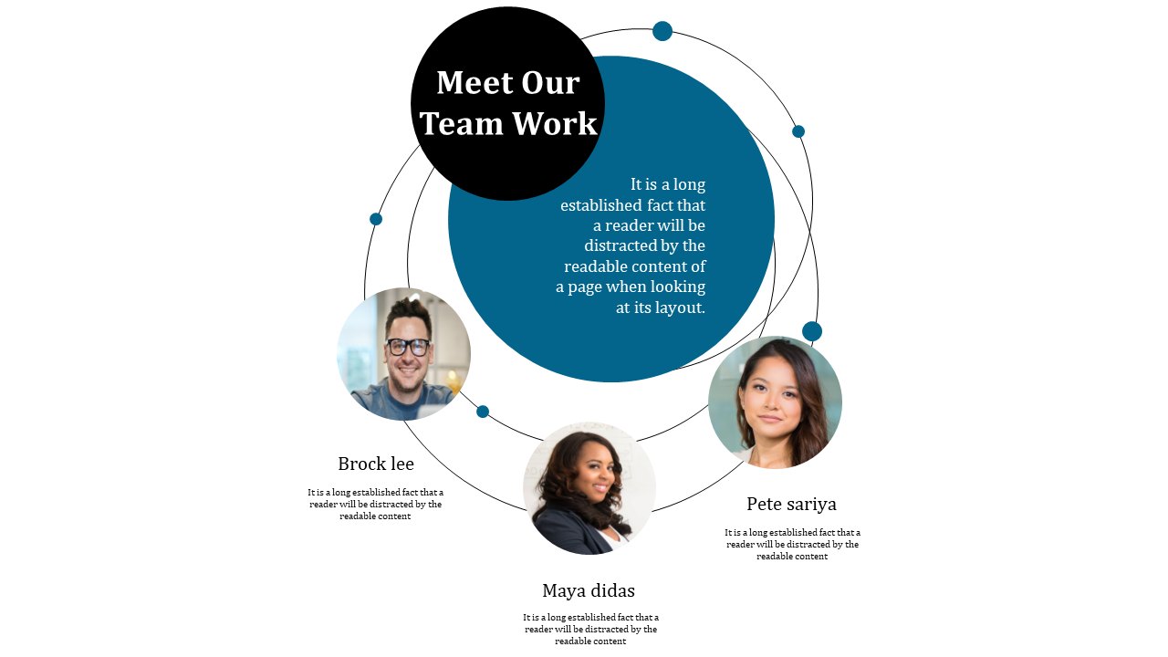 White background with abstract circular paths linking three headshots to a central blue info bubble and black title circle.