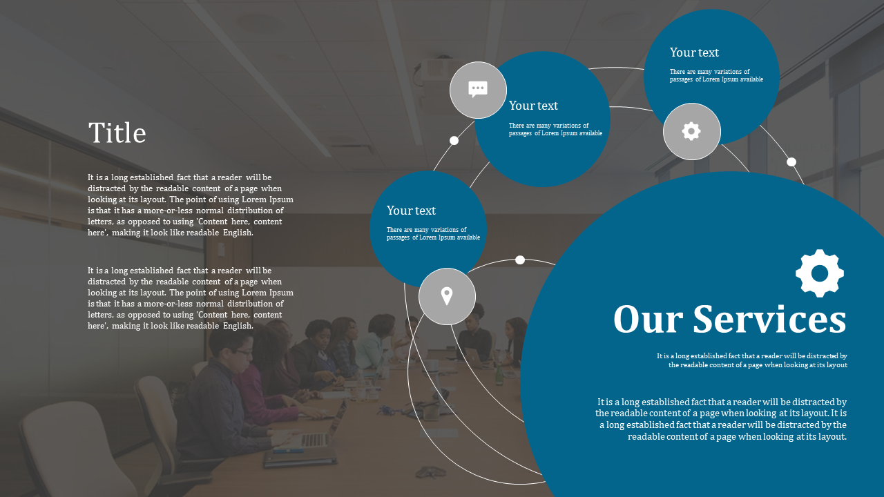 Dark slide with blue radial circles linked by white paths, placed over a muted photo of a meeting room scene.