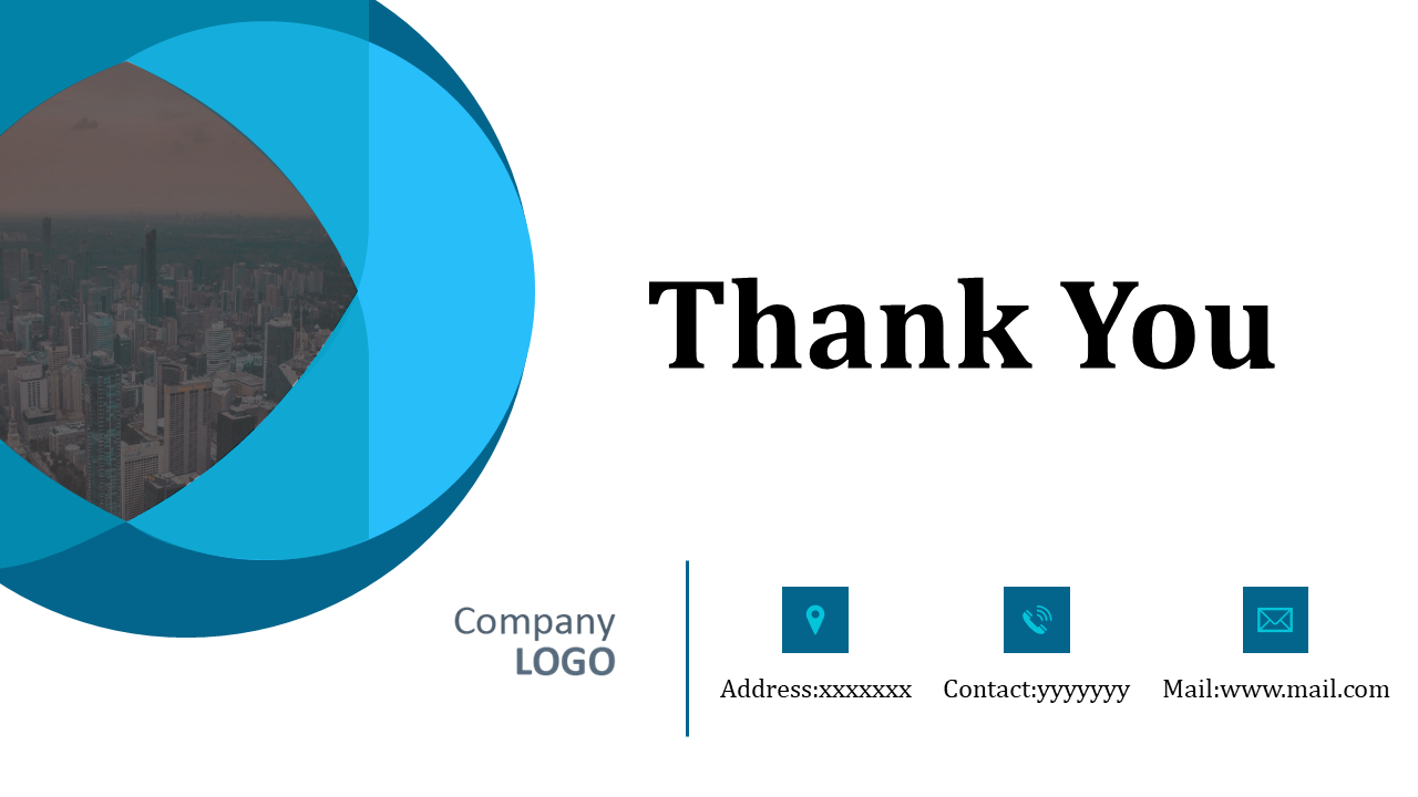 Slide with blue overlapping circular shapes on left, cityscape inside, and icons with contact info in teal boxes below.