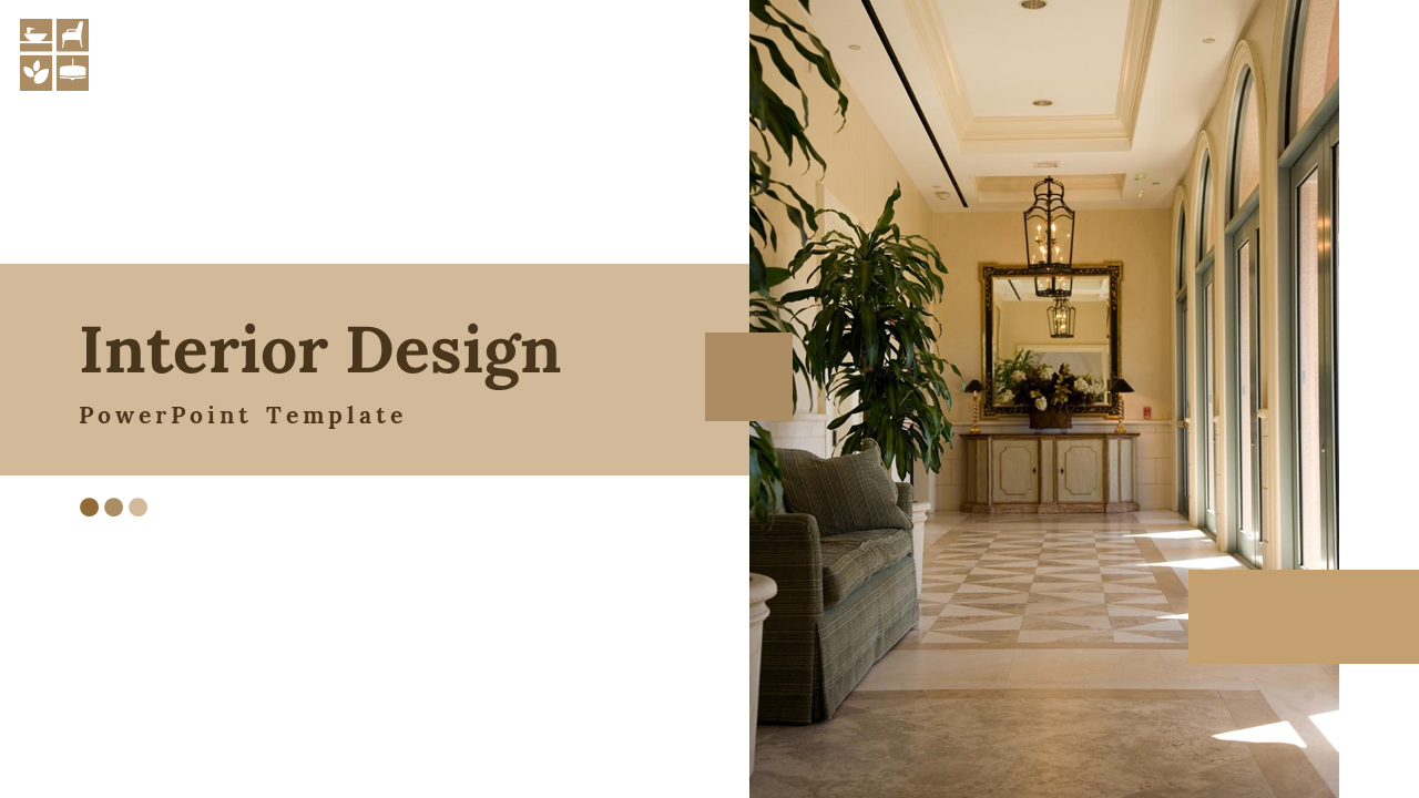 Cover slide with photo of a classic hallway and beige title bar on white background, featuring brown dots.