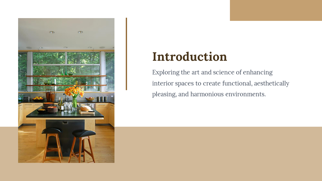 Interior design slide showing kitchen island and stools, set on a clean white layout with beige footer.
