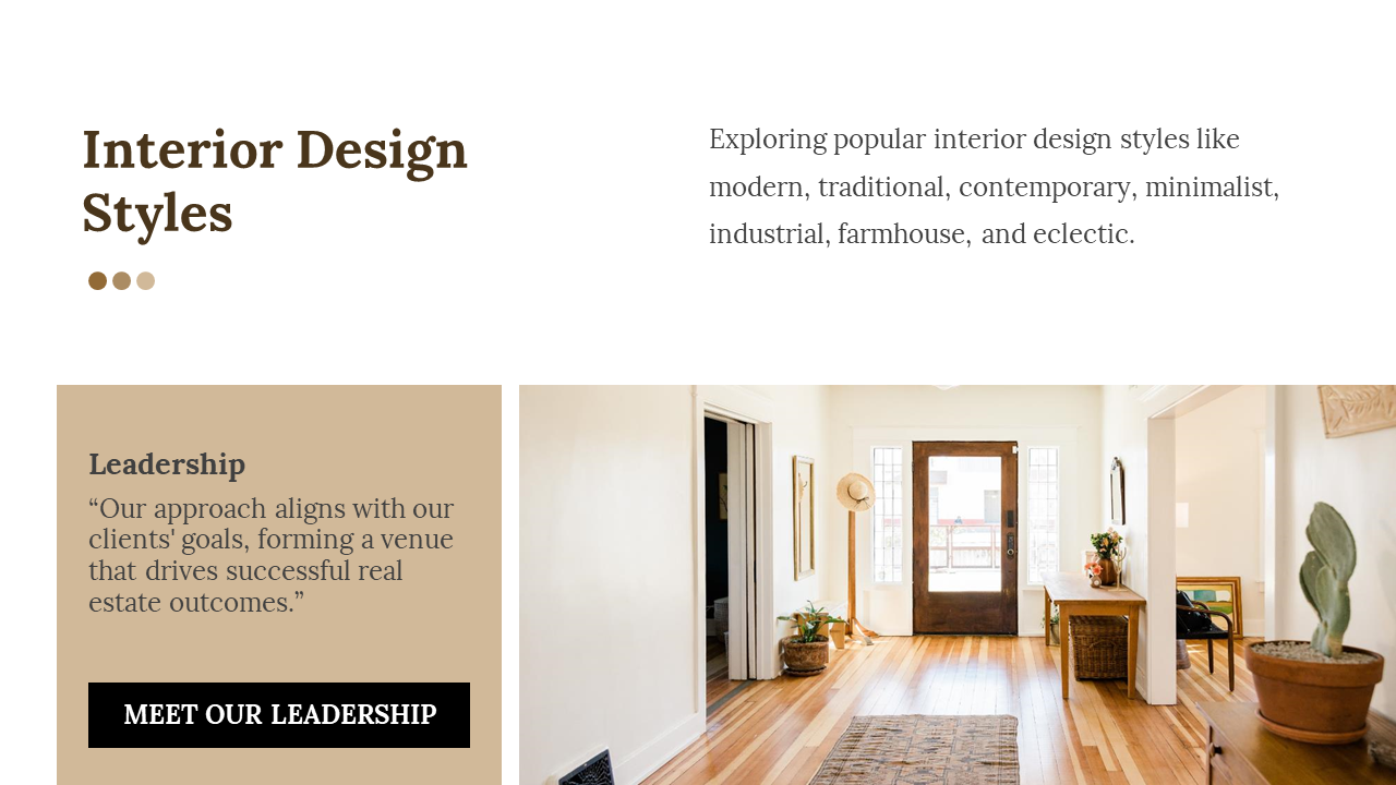 Interior design slide with a beige leadership quote box and wood floor hallway photo, set on a white background.