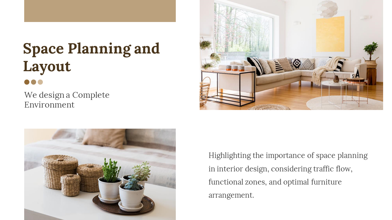 Interior design slide showing cozy living rooms and plant decor, on a white background with beige accents.