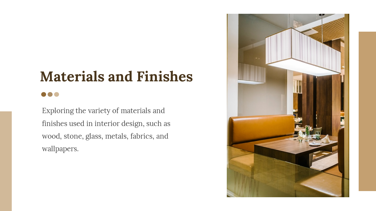 Slide with a photo of a restaurant booth, featuring wood table, and pendant light, set on a beige and white layout.