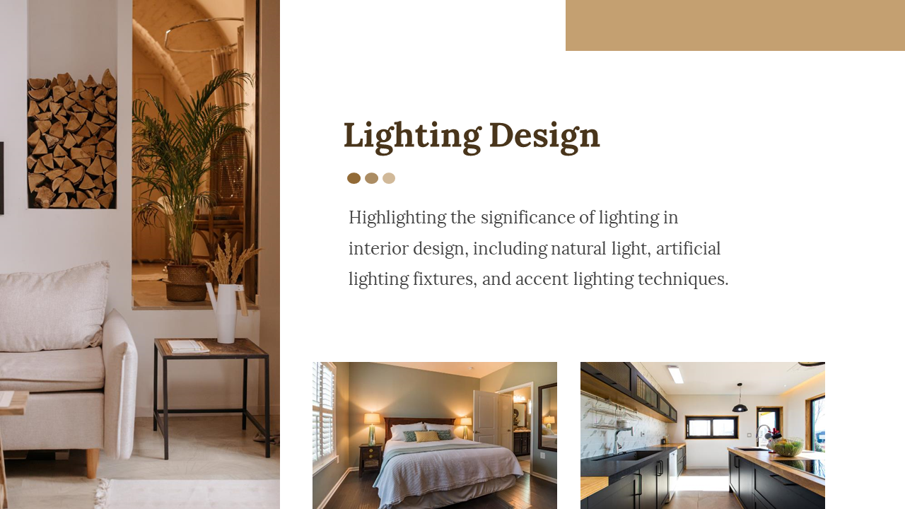 Slide with images of a cozy living room, bedroom, and kitchen in warm lighting tones, on a beige and white background.