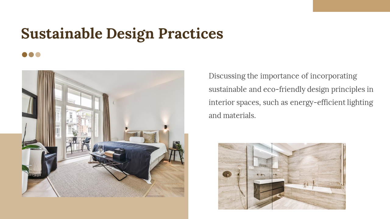Interior design slide with photos of a cozy bedroom and sleek bathroom, on a white and beige background.