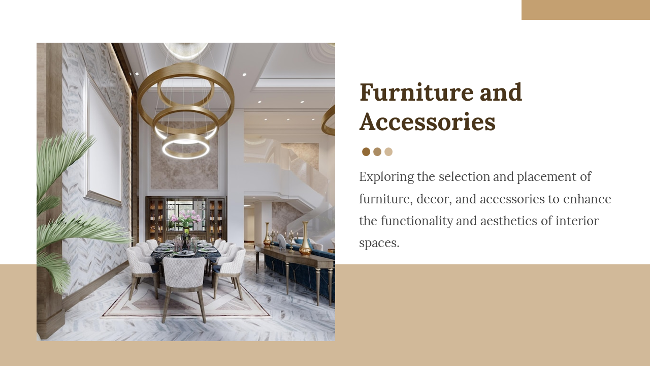 Modern dining room image on the left with bold brown text and beige background accents on a clean white slide.