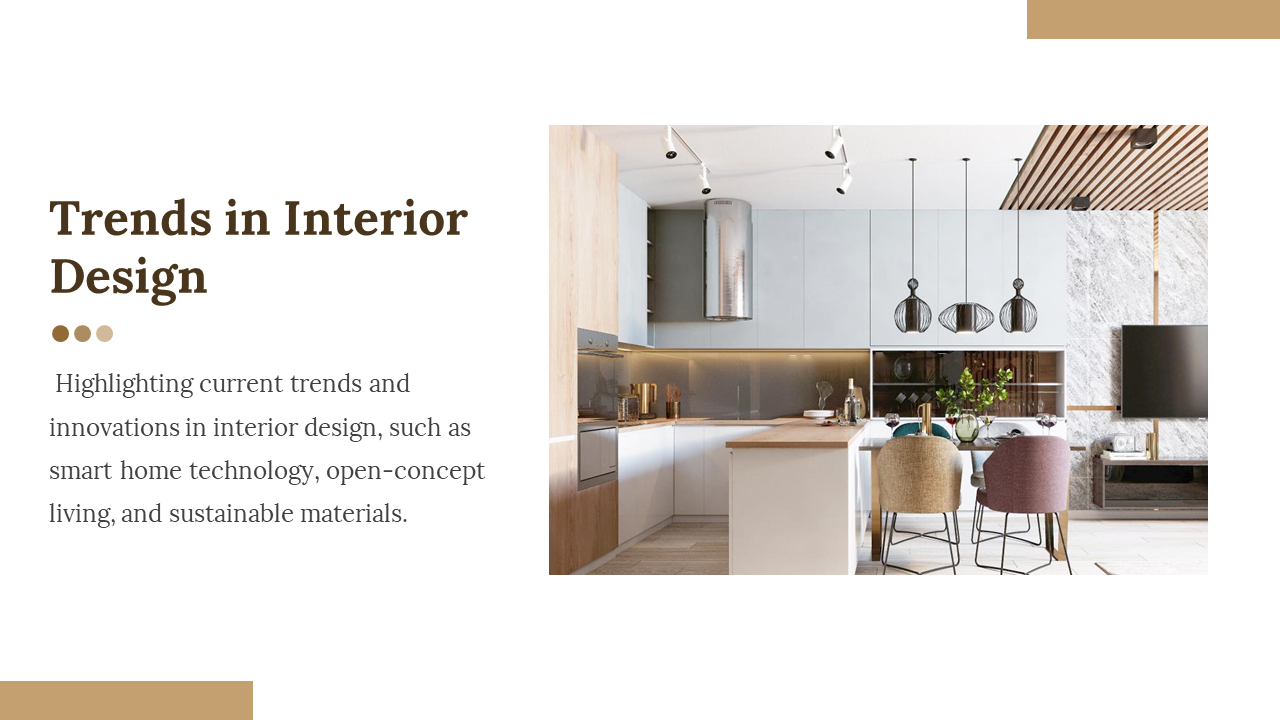Left aligned text with brown heading, paired with a modern kitchen and dining space photo on a white background.