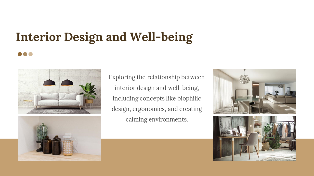 Beige and white background slide with a bold brown title, text in the center, and four home interior images.