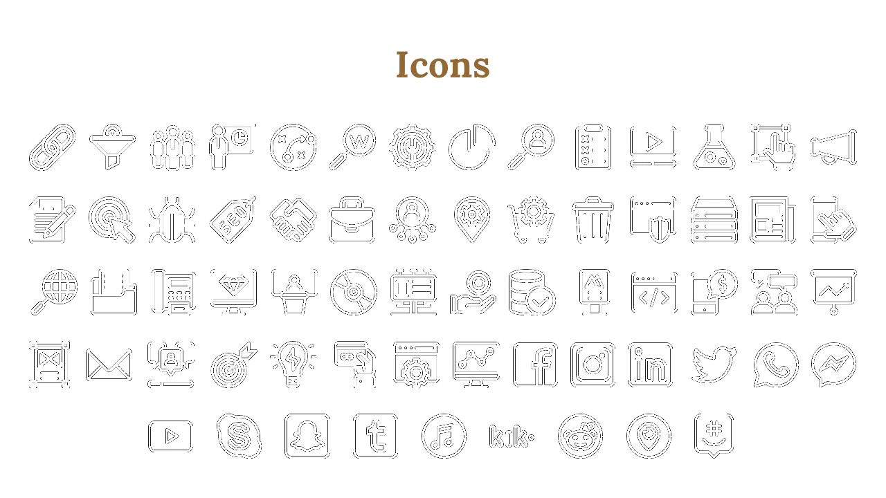 Grid of black outlined business and social media icons on a white background with a centered brown heading.