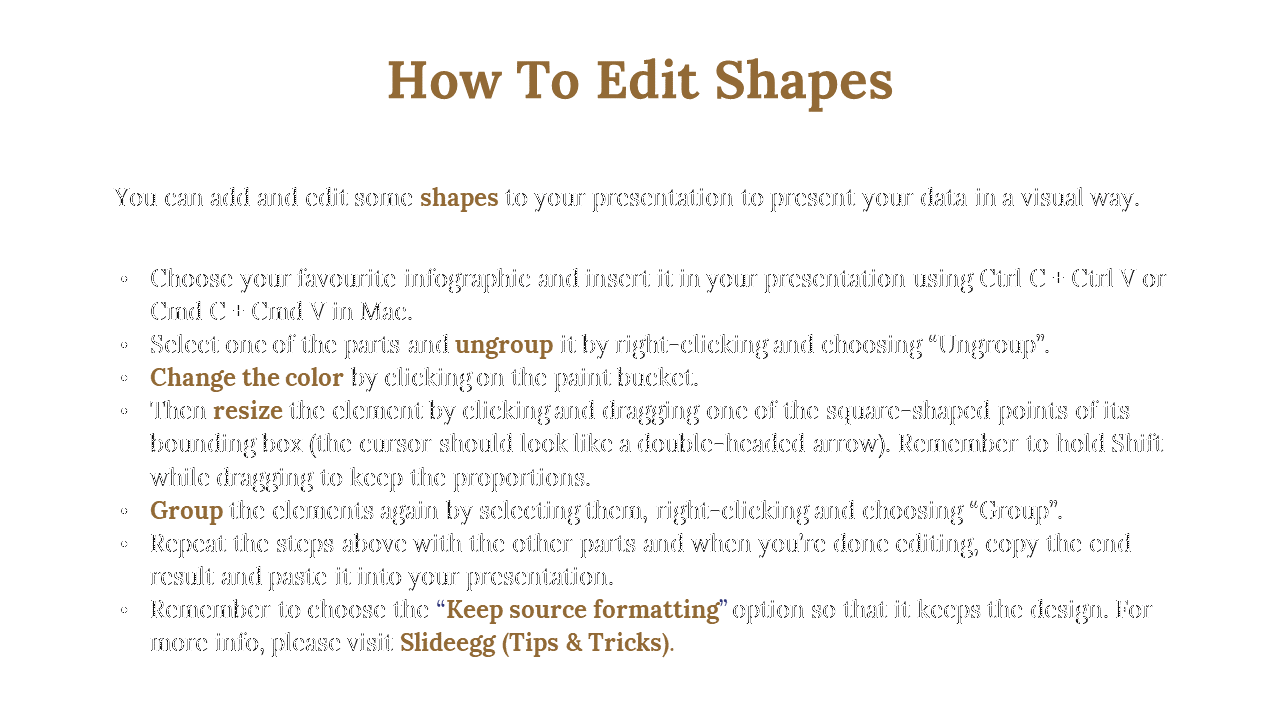 Instructions on editing shapes with brown title, black bullet points, and highlighted keywords on a white background.