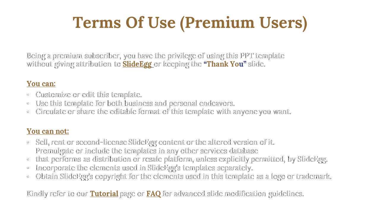 Permium users terms slide with text blocks, two section headers, and minimal formatting in black and brown tones.