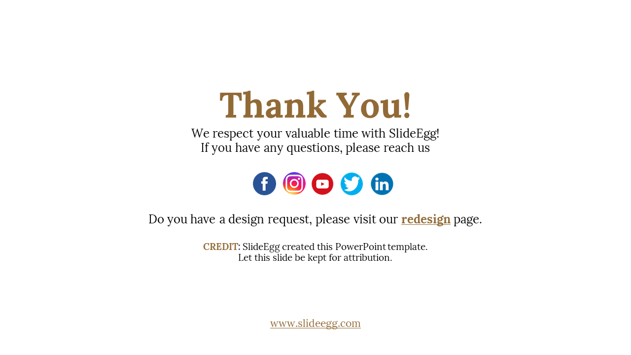 Centered thank you slide with brown and black text, social icons in circles, and a clean white background.