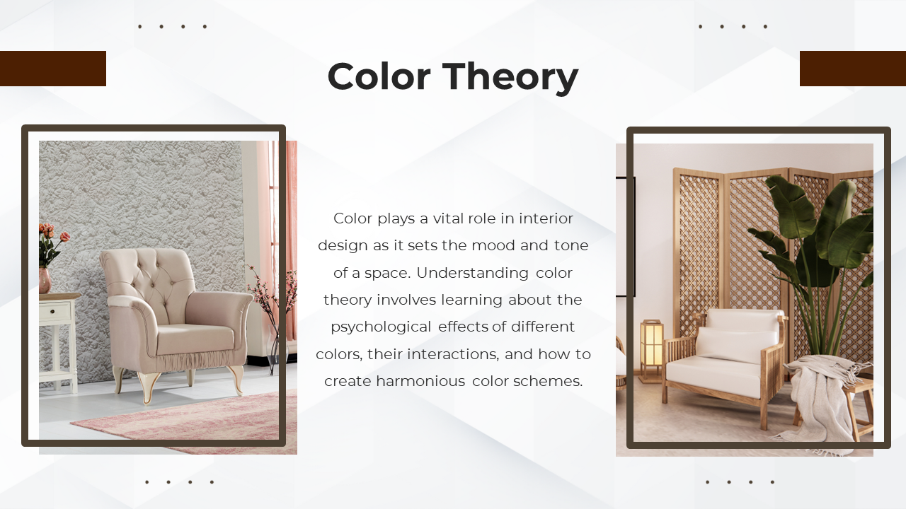 Slide showing a blush toned and a wooden chair with plants on the right, framed in brown, on a white background.