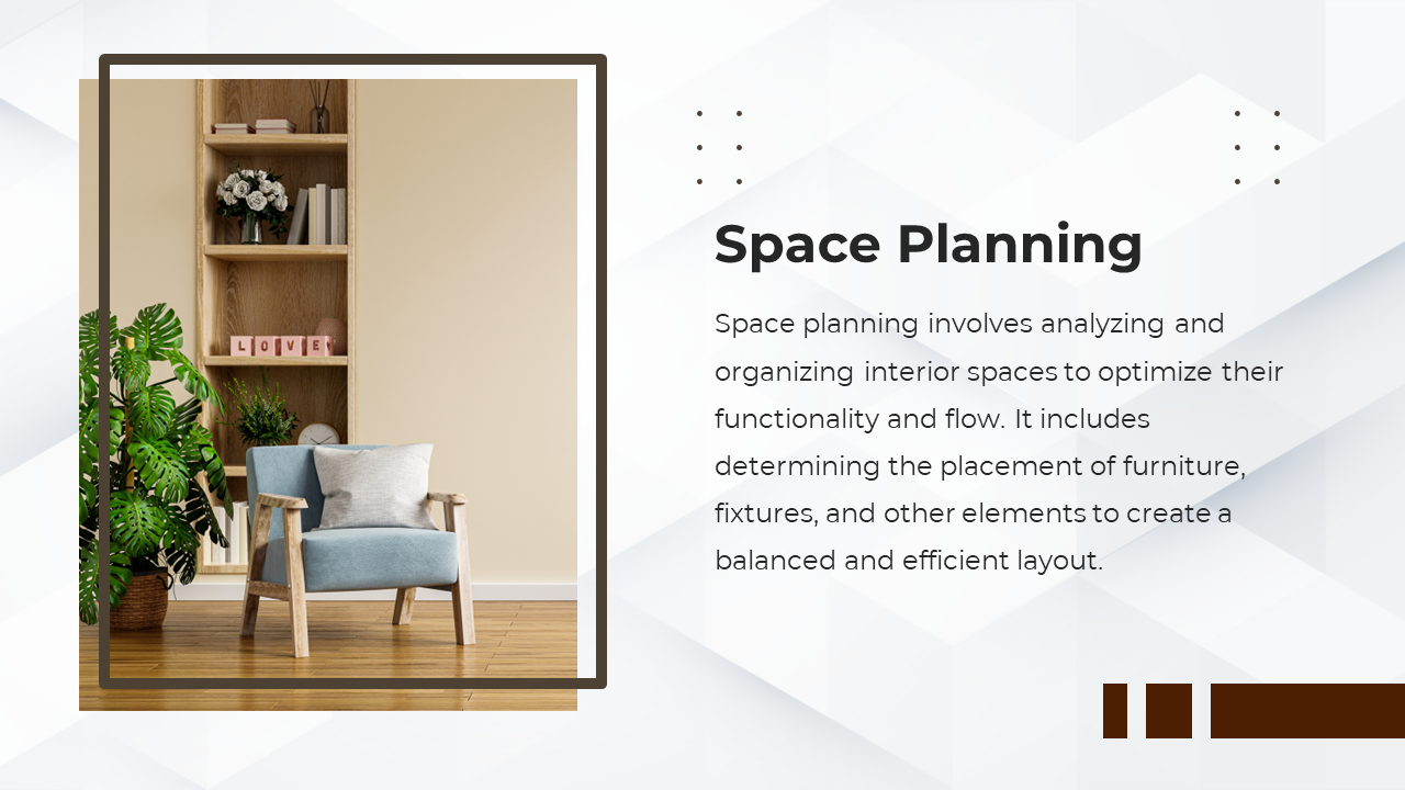 Slide with photo of blue armchair and wooden shelf framed in brown, on a white background with dotted icon accents.