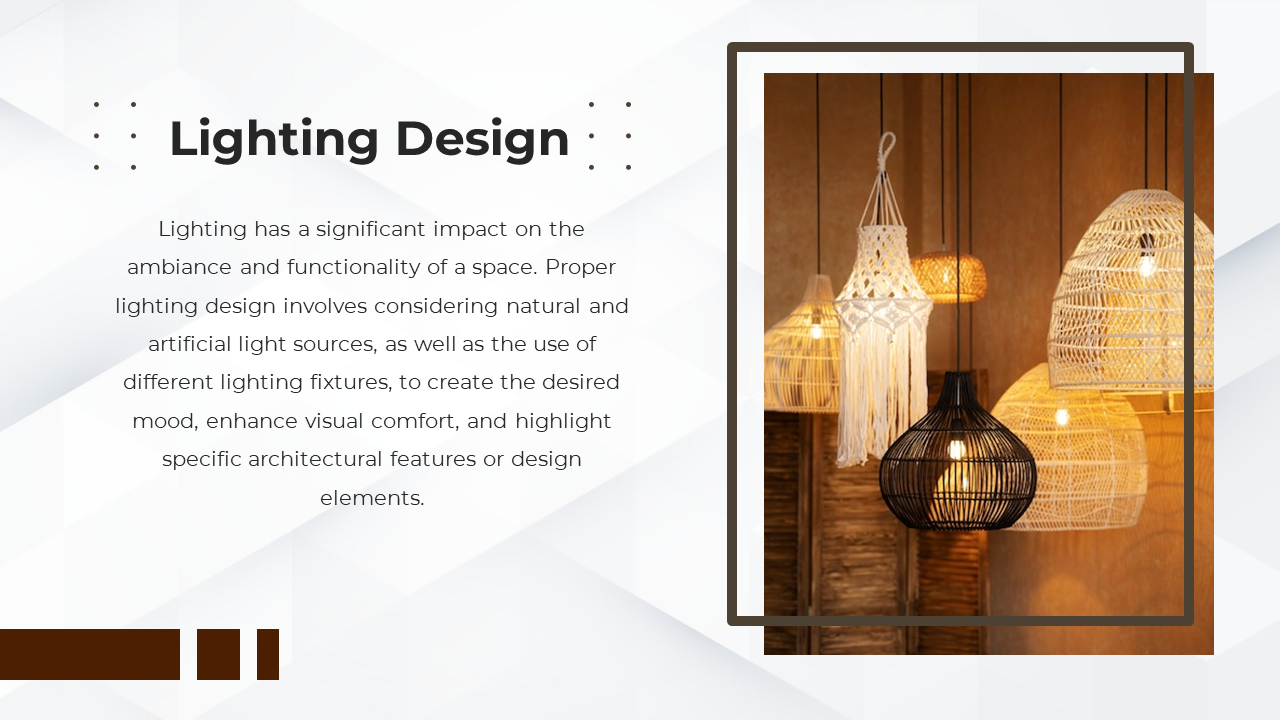 Slide with framed image of woven pendant lights against wood paneling, on a white geometric background with dotted accents.