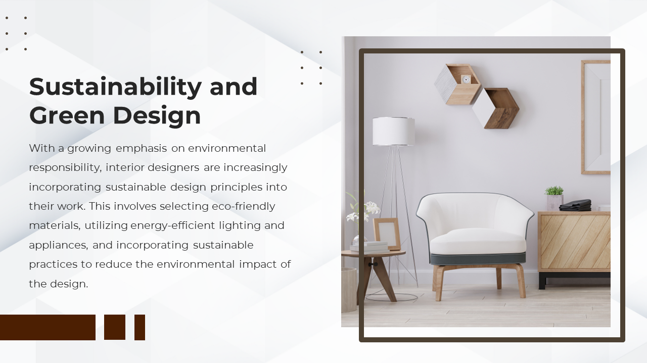 Slide with framed image of modern chair and wooden shelf, set on a white geometric background with dotted icons.
