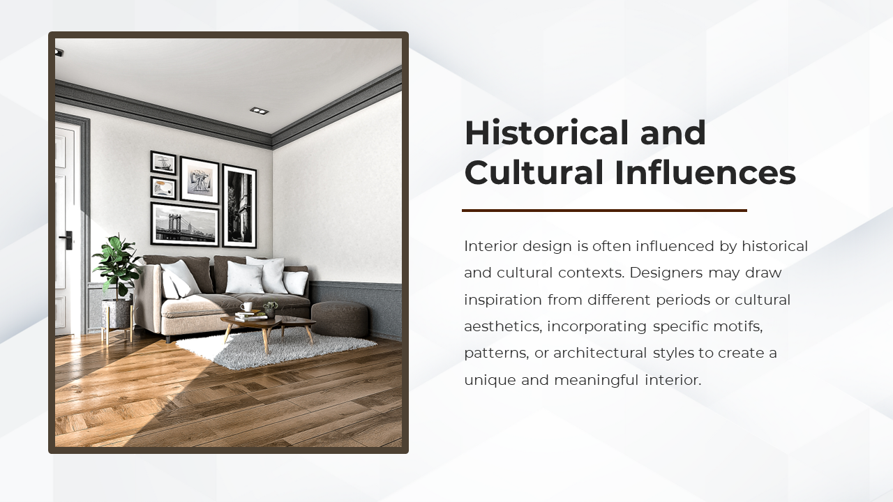 Slide featuring a living room photo with wood flooring and gallery wall, framed by a brown border, on a white backdrop.