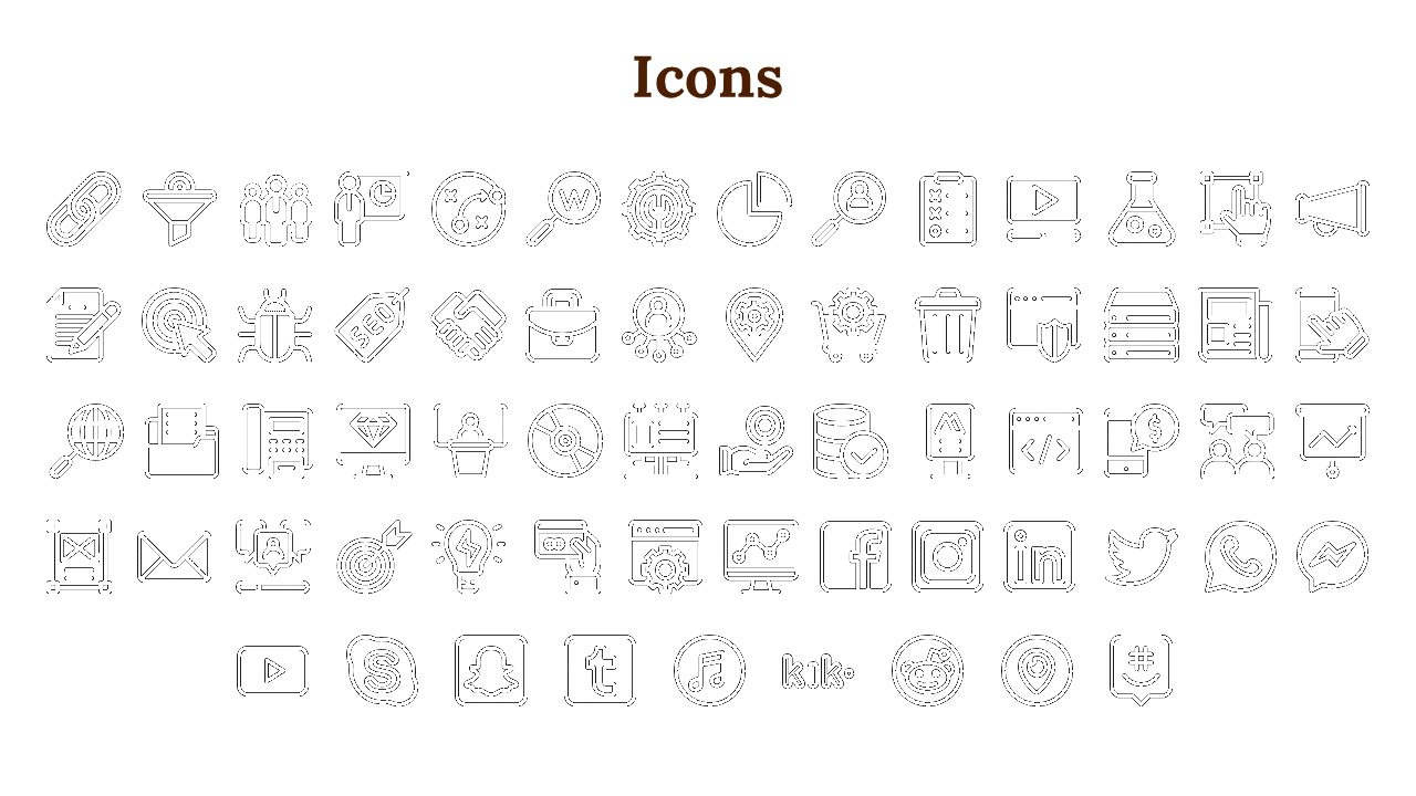 White background with evenly spaced black line icons including charts, tools, and social media symbols.