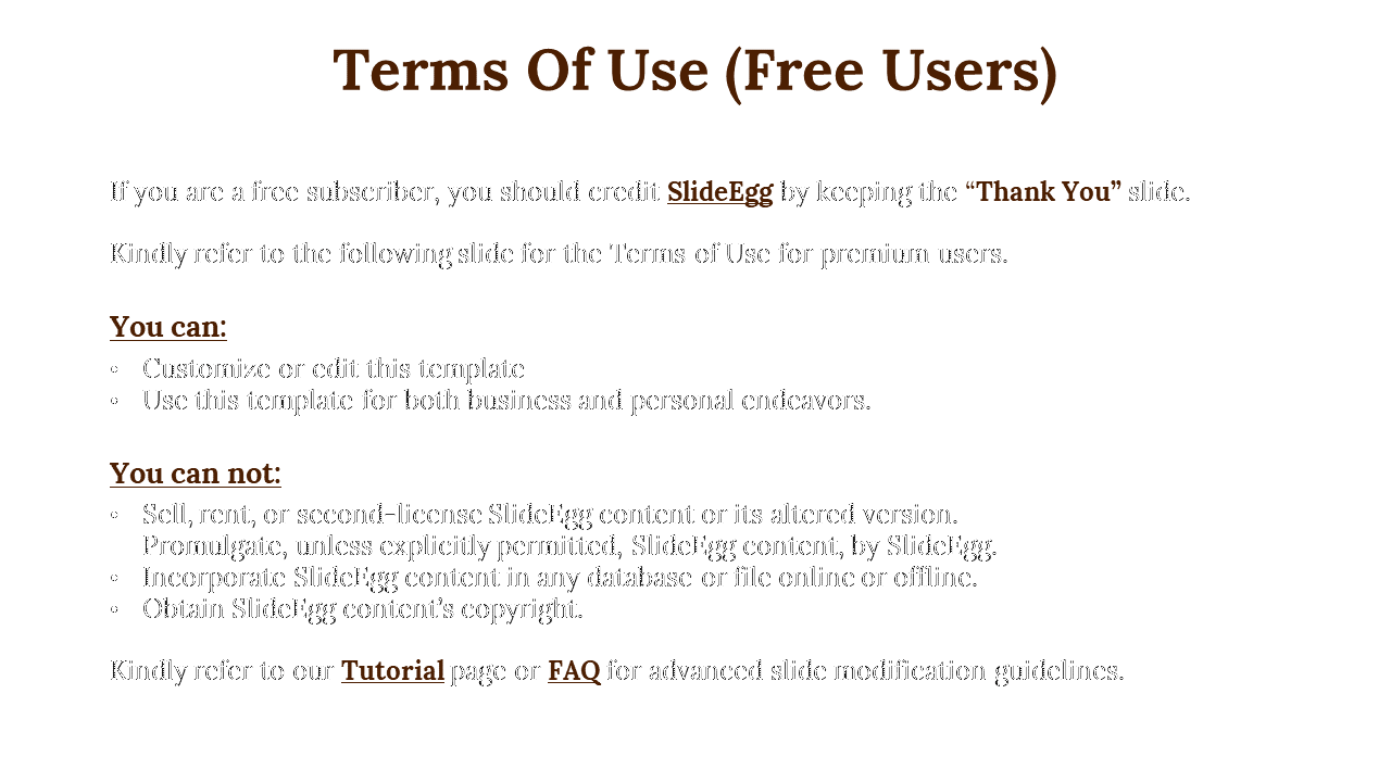 Terms of use for free users slide with brown heading, black text sections, and underlined links on a white background.