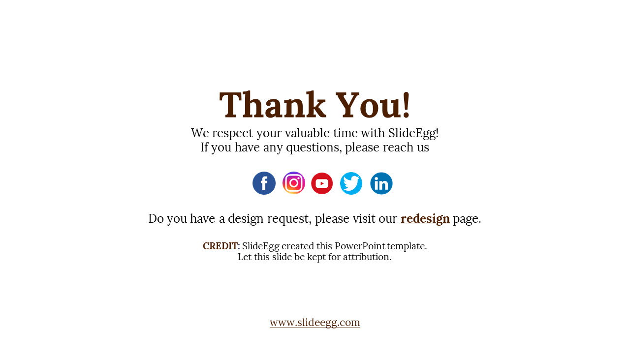 Thank you slide with bold brown heading, dark text, and round colorful social media icons across the center.