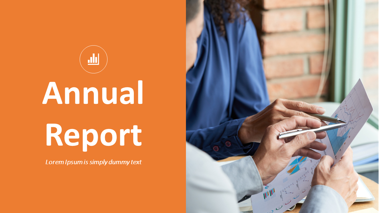 Split layout with orange left panel and bold white text and right side shows hands reviewing graphs and charts.
