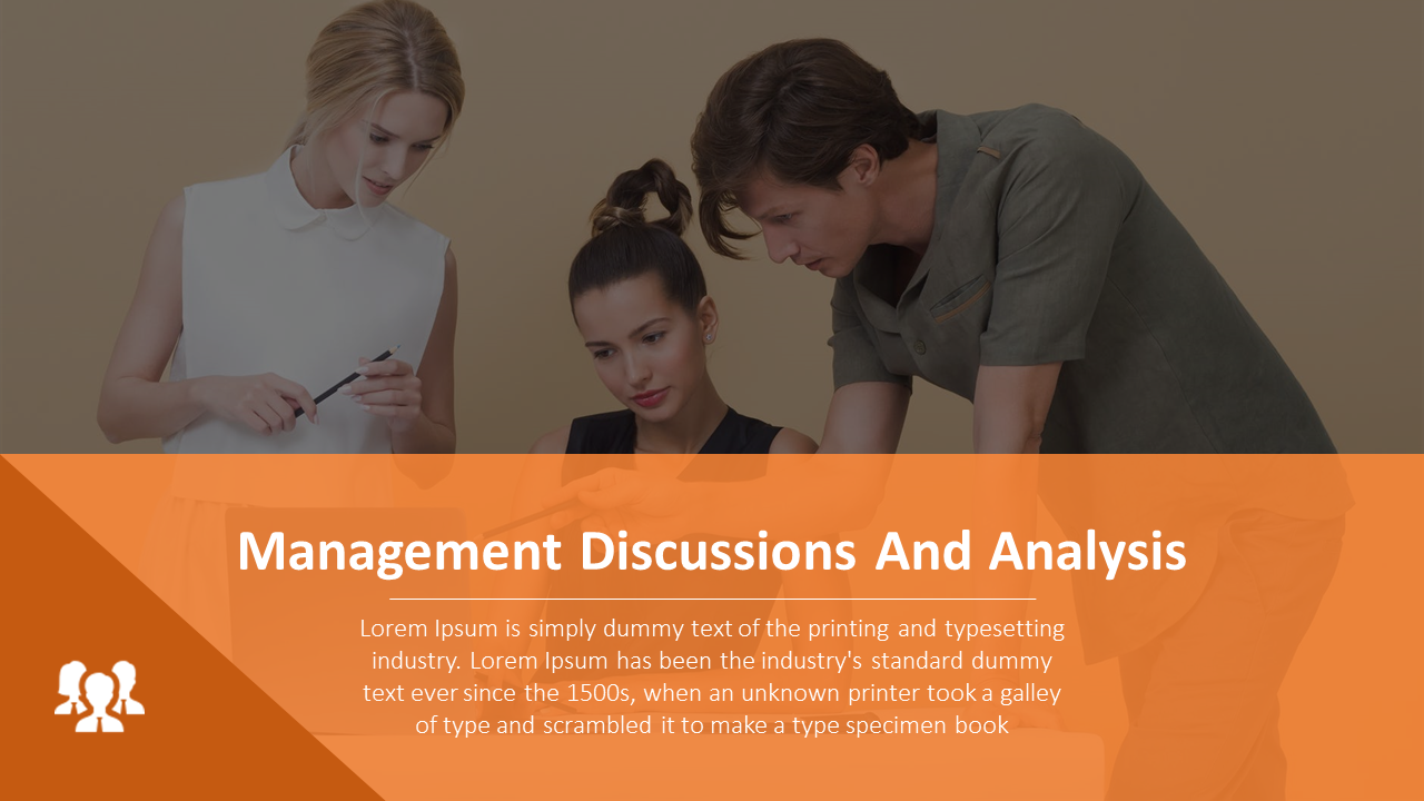 Slide with three people in discussion, featuring a bold orange overlay with white text and triangular corner accents.
