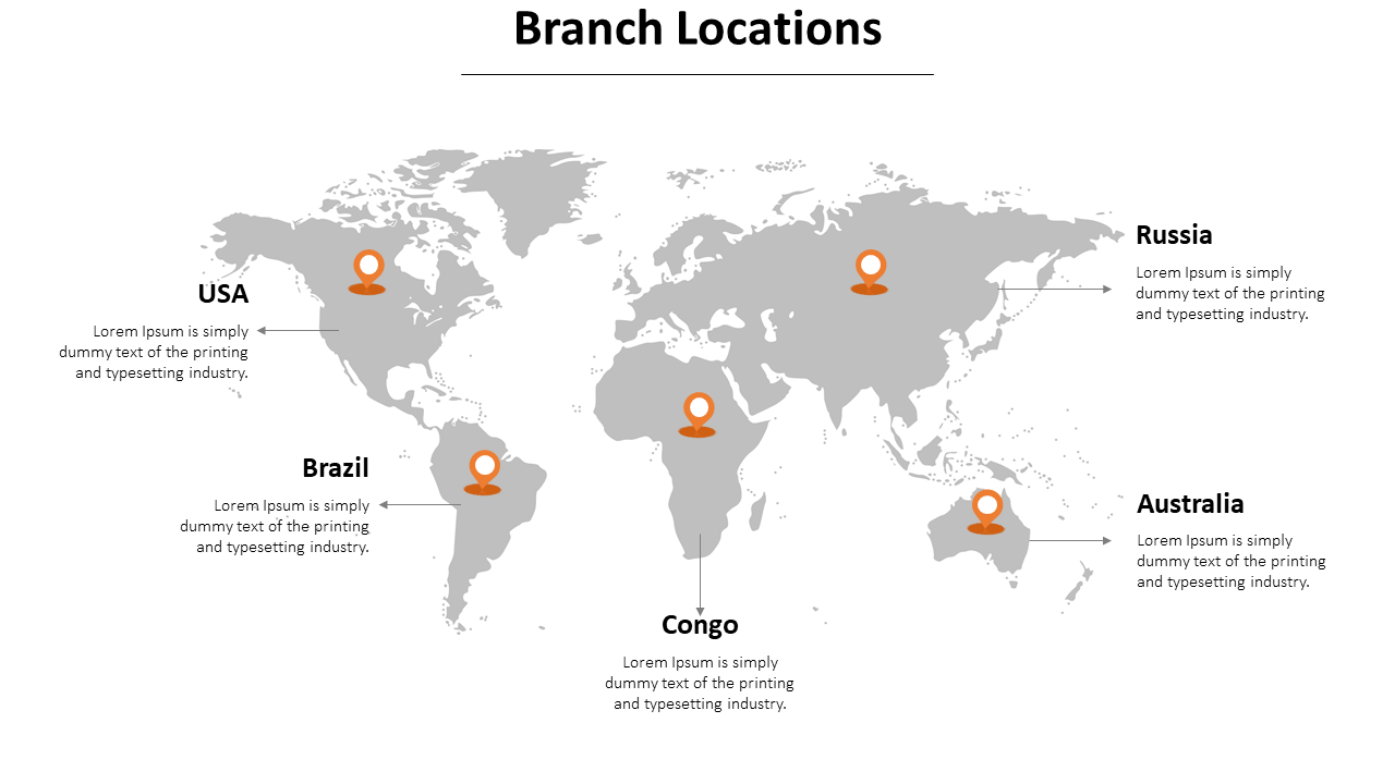 Slide with gray world map and five pinpointed locations in orange, distributed across major continents.