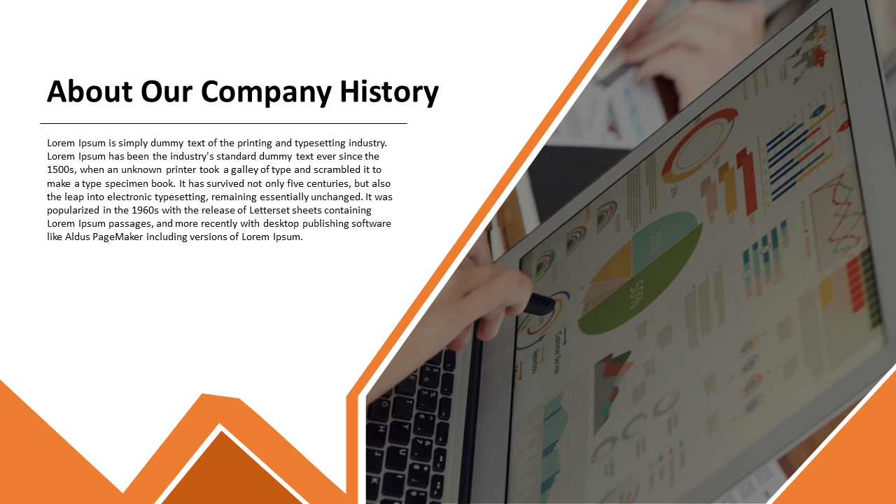 Split layout with text on left and image of hand pointing to colorful chart on tablet with orange triangle accents at bottom.