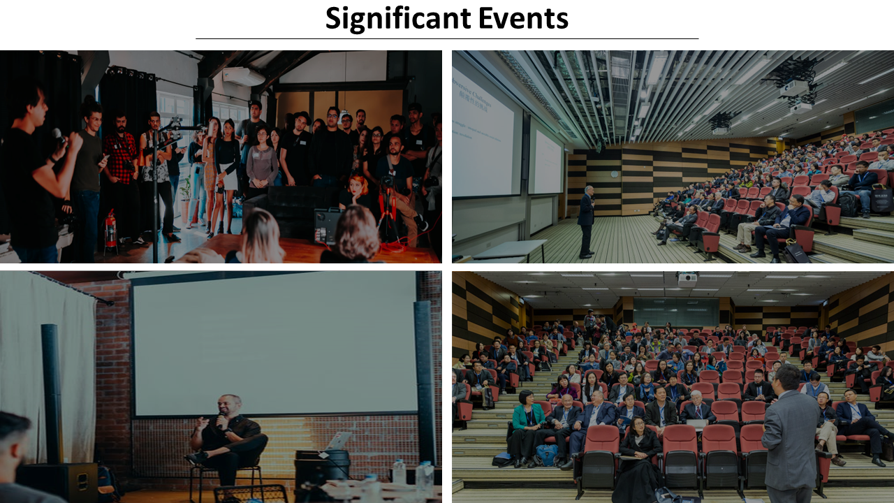 Collage of four photos showing speakers and audiences at company events, meetings, and lectures in various venues.