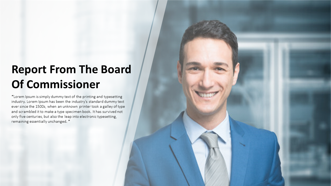Slide with text on left and smiling man in blue suit on right, on modern blurred background and angled divider.