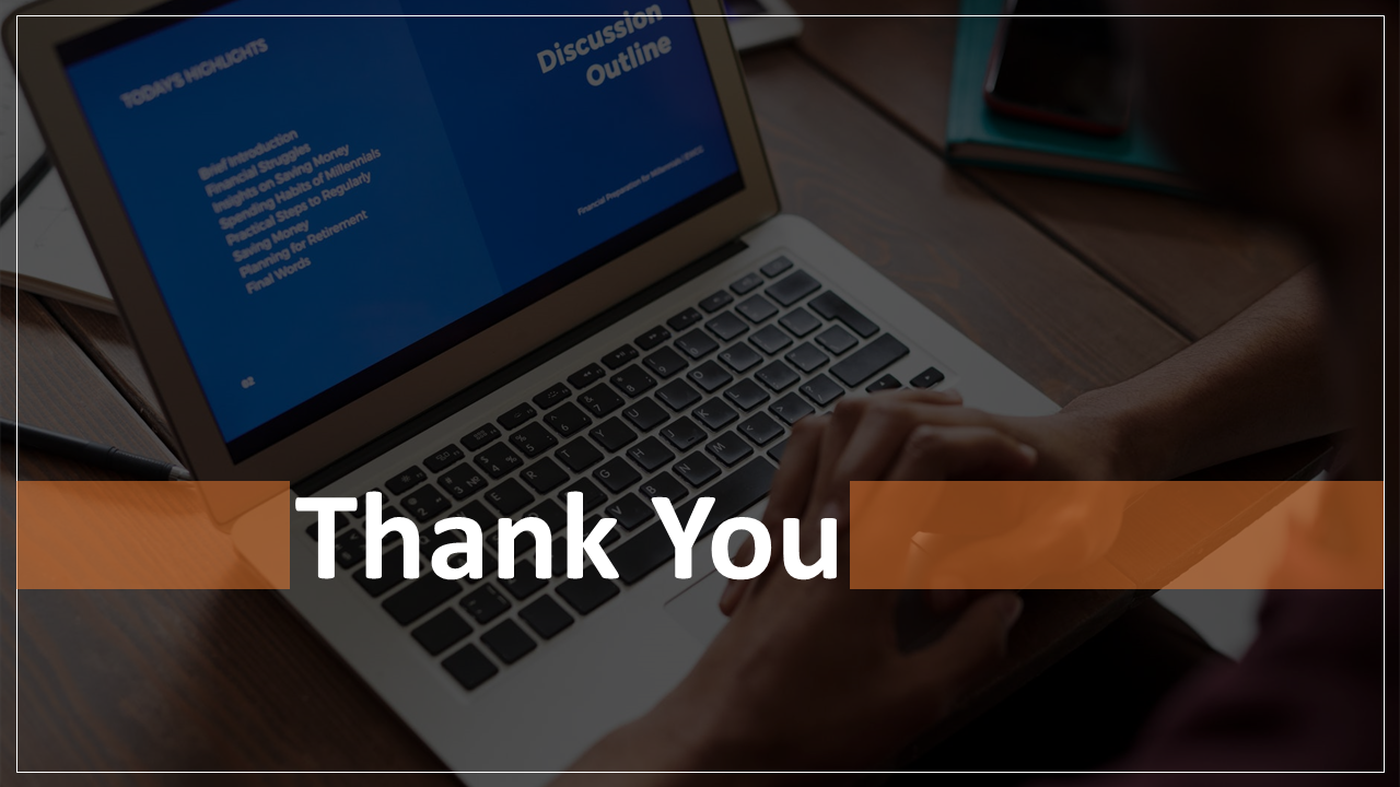 Thank you slide with text over a darkened photo of hands clasped near a laptop showing a blue presentation screen.
