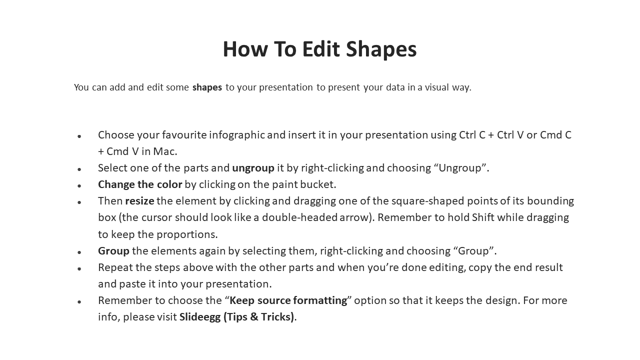 Guide slide showing how to insert, adjust, and format shapes in a PowerPoint, ending with a SlideEgg help link.