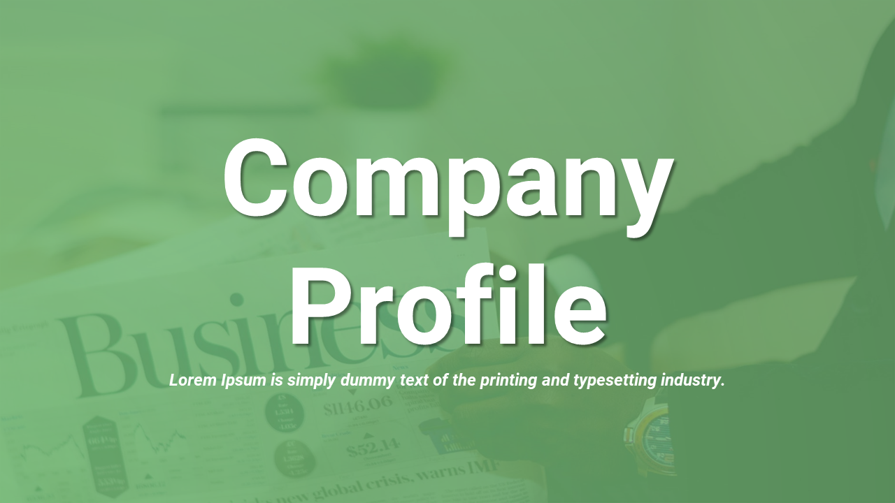 Green overlay slide with bold white title text centered over a blurred business newspaper and hand holding it.