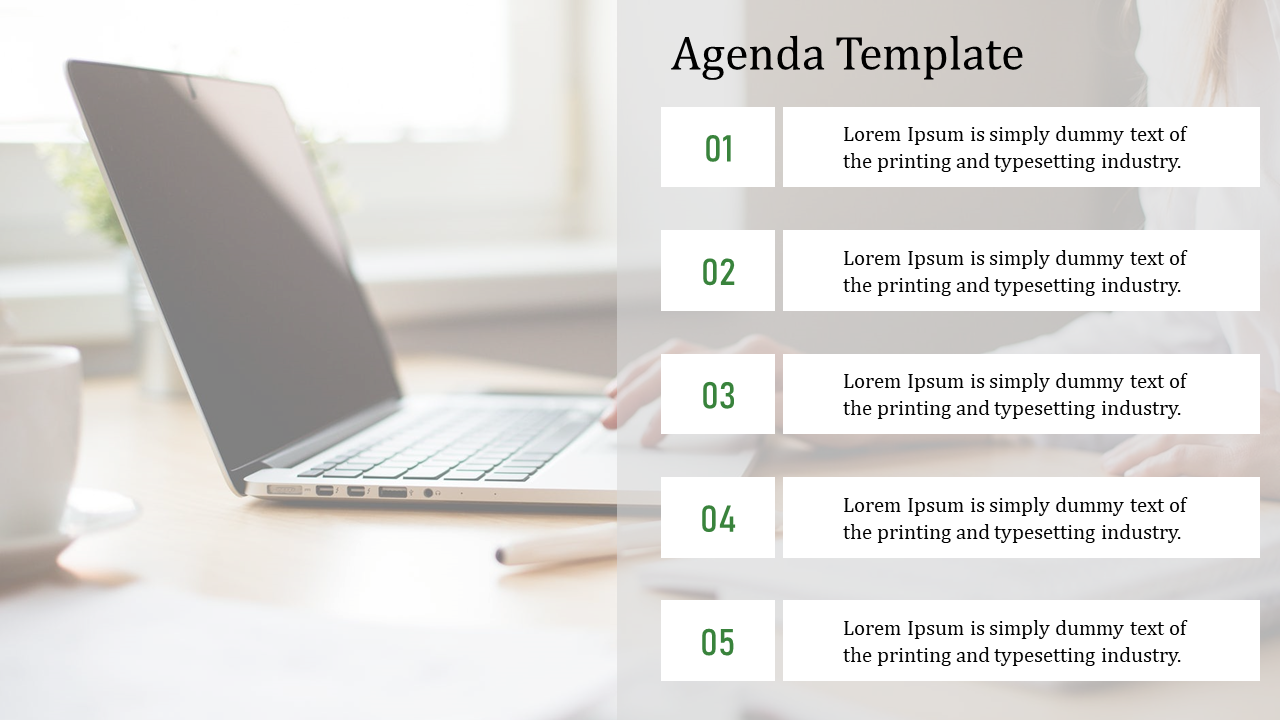 Split layout with a soft photo of a laptop on left and five numbered agenda boxes in white with green accents on the right.