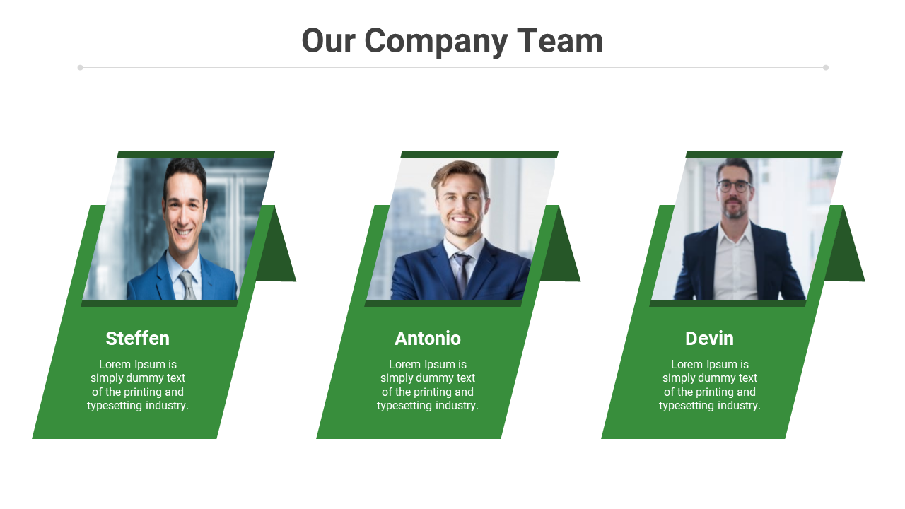 Three green slanted panels with team photos above and angled text boxes on a white background layout.